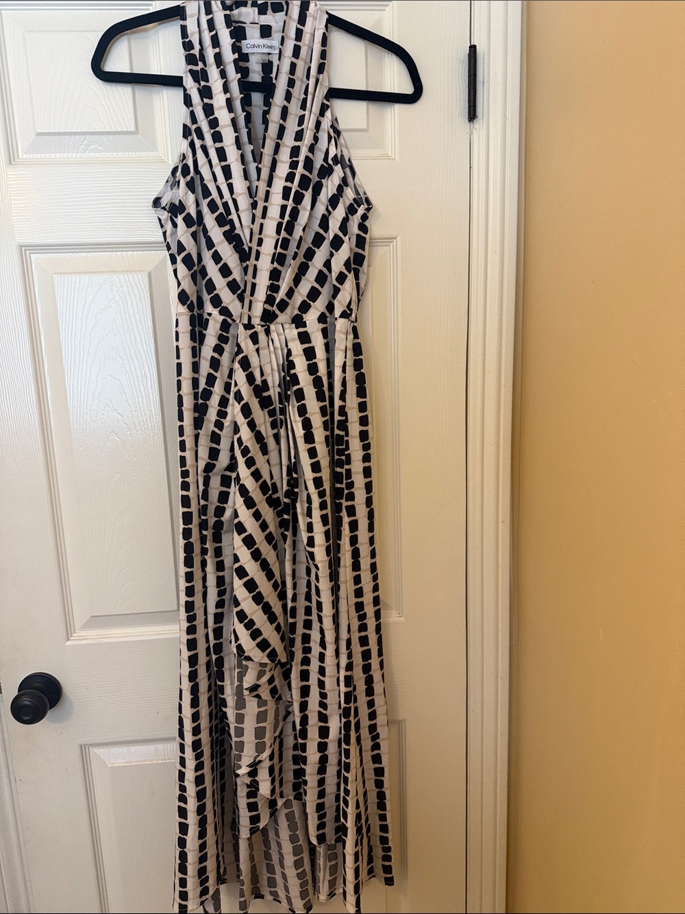 Calvin Klein Black and Cream Geometric Wrap Maxi Dress